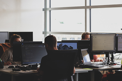 Employees working at desktop computers