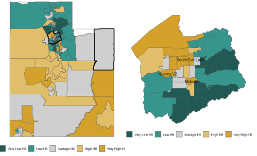 A figure with two different maps of Utah. The map on the left is a full map in Utah showing the high and low values of the various small areas. The map on the right is a zoomed in view of Salt Lake County with the high and low values showing in color.