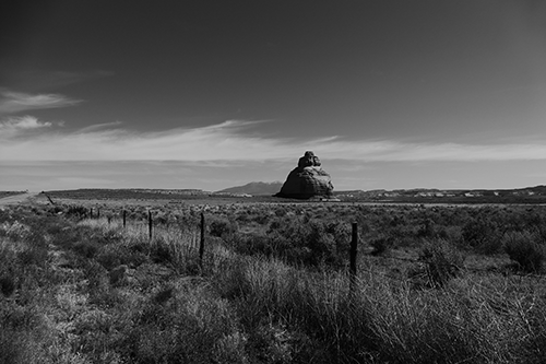 Black and white picture of a lone sandstone feature